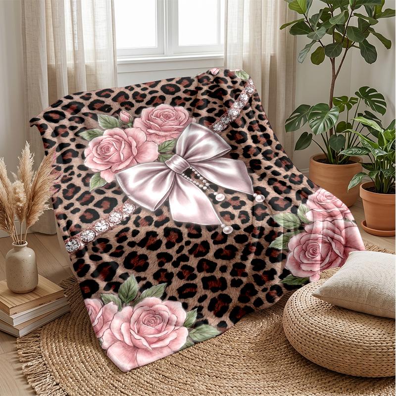 Leopard Roses and Bow Theme blanket Lightweight Warm Flannel Blanket Decorative Throw Blanket for Home Decoration