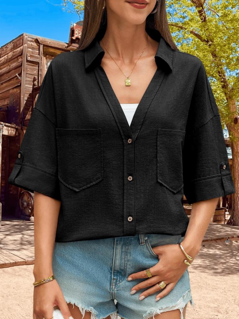 Women's Button Down Collared Blouse V Neck Cotton Short Sleeve Loose Top