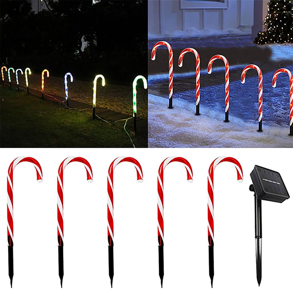New Christmas Crutch Lamp Solar Energy Ground Inserted Candy Crutch Lamp String Led Umbrella Hook Five Consecutive - Lamps