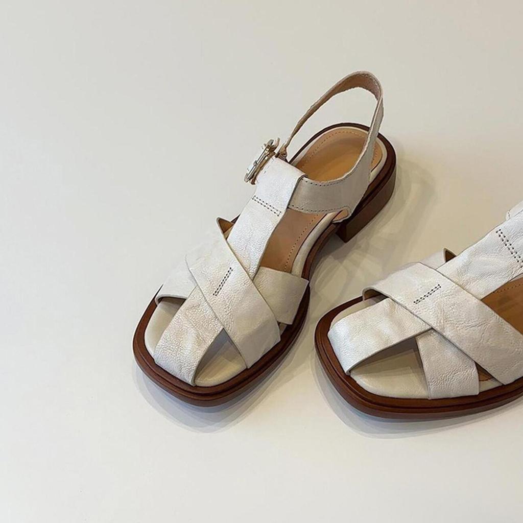 Sheepskin Version French Retro Leather Soft-soled Sandals Women's Summer Leather Low-heeled Roman Shoes