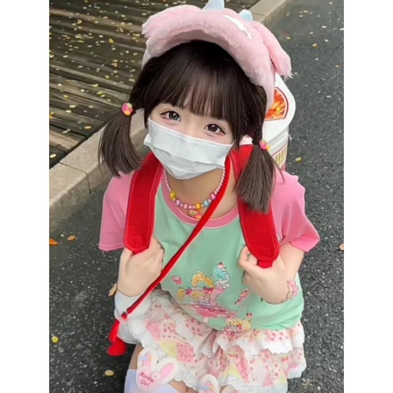 Y2k Harajuku лоскутные футболки женские в японском стиле консервативный стиль повседневные свободные футболки с мультяшным принтом топы мягкие для девочек 2024