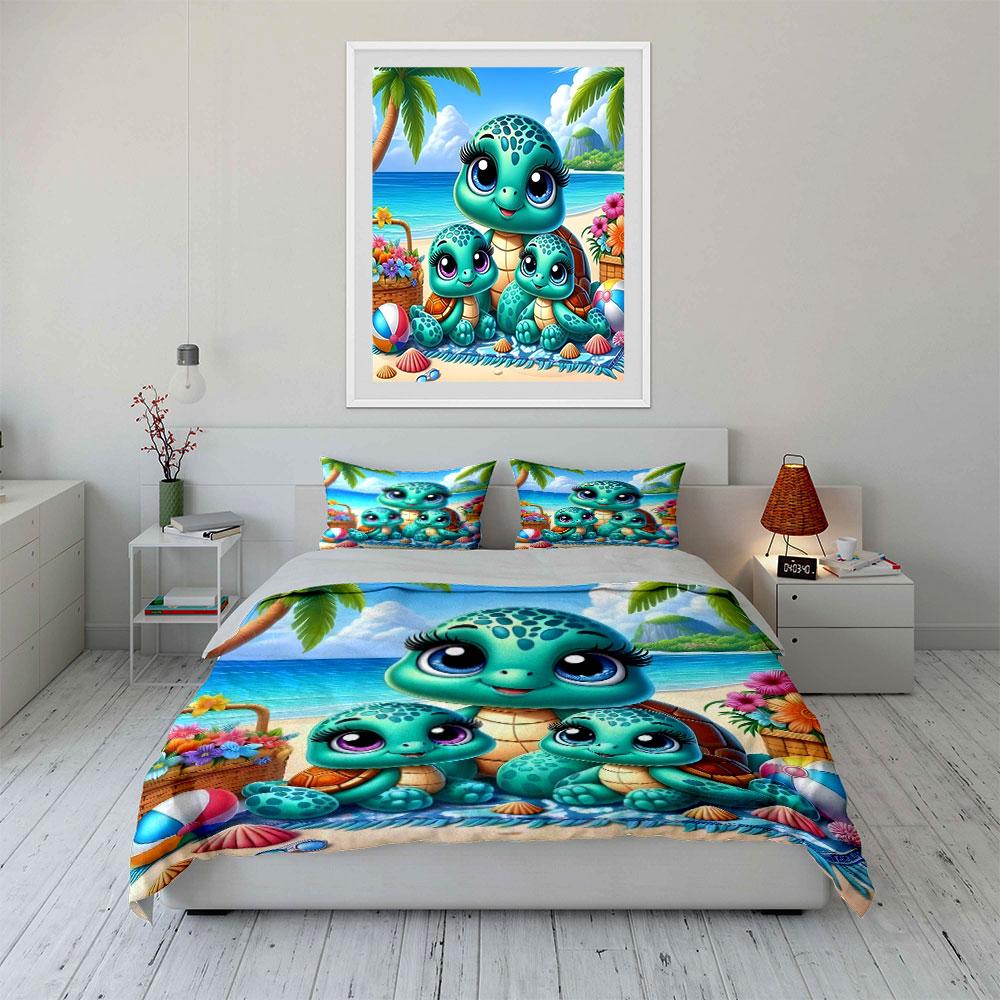 "Beach-Themed Turtle Family Set" Exquisite three-piece bedding set gift for kids and adults