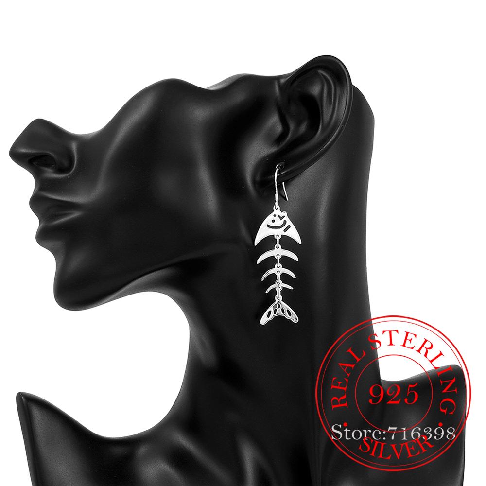 Trend 925 Sterling Silver Earrings for Women Fashion Fish Skeleton Long Drop Earring Hanging Jewelry Brincos Feminino