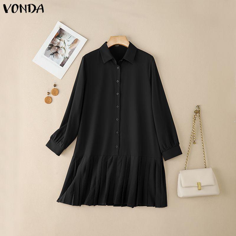 Elegant Vonda Casual Lapel Women Neck Long Sleeve Ruffled Shirts Dress