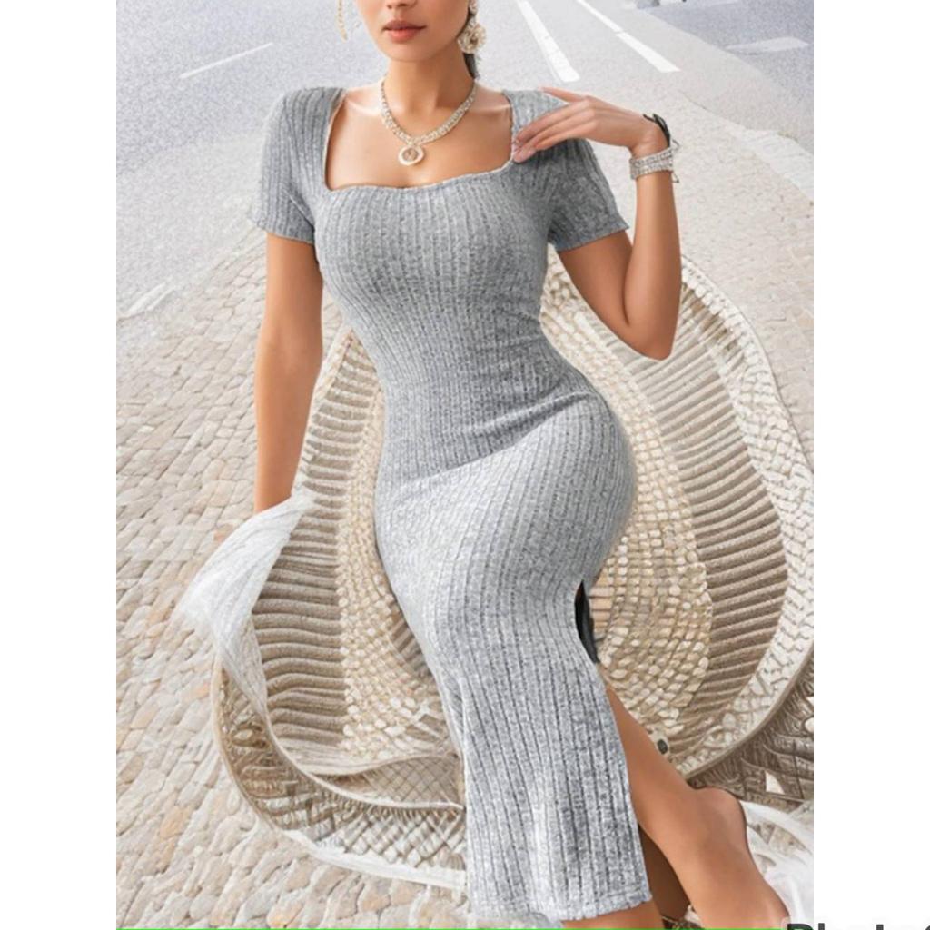 Летнее платье с квадратным вырезом, юбкой миди, пуловер, короткий рукав, универсальный трикотаж, разрез