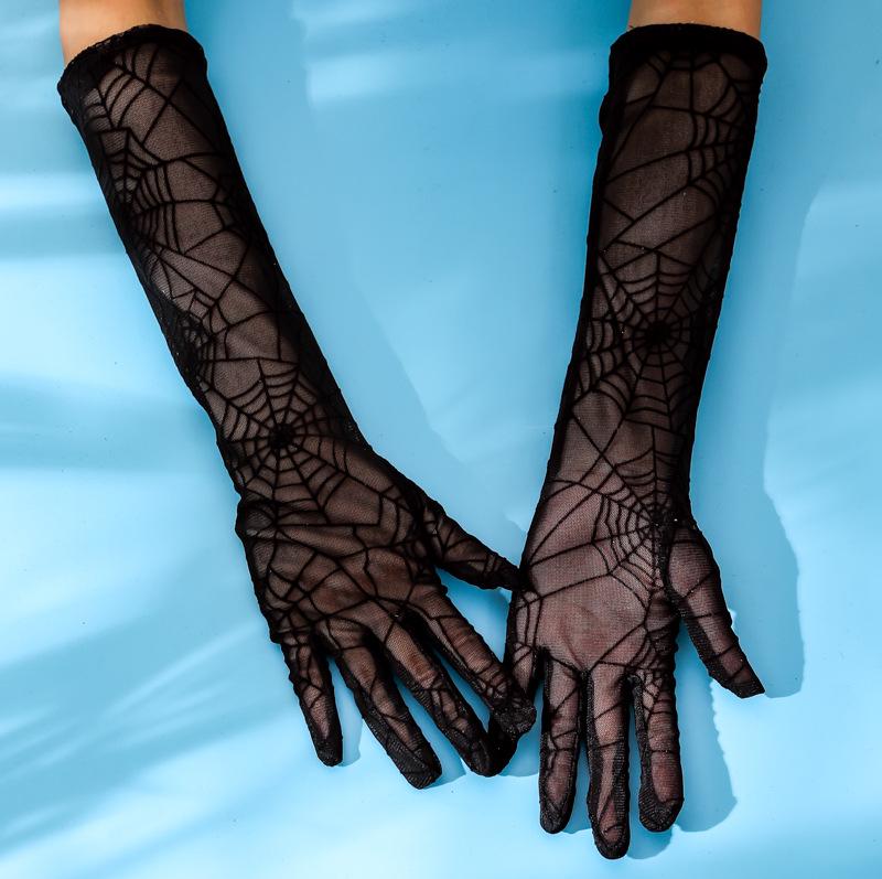 Korean Style Lace Fingerless UV-Protection Gloves – Black Spider Web Design for Women