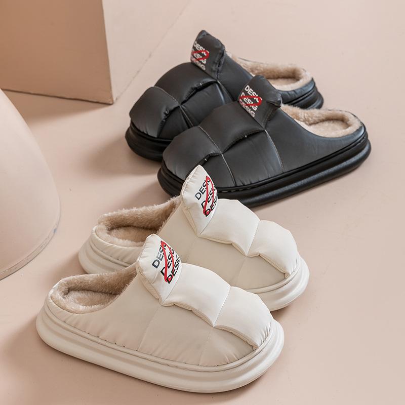 Surface Waterproof EVA Sole Cotton Slippers Women's Winter Home Indoor Couple Thick-soled Non-slip Fluffy Warm Cotton Shoes