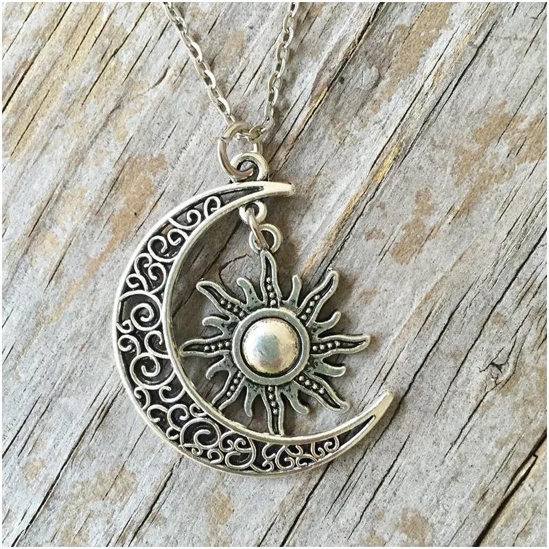 New Silver Color Sun And Moon Necklaces Chain Pair Of Celestial Best Friends Gift For Friend Long Necklaces Pendants Men Women
