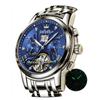 Мужские популярные синие автоматические часы-скелетоны, стильные наручные часы с люминесцентным календарем и датой, водонепроницаемые, синего цвета