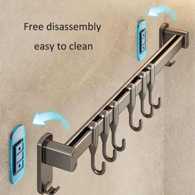 Kitchen Storage Rack Non-perforated Shelves Wall Mounted with Movable Hook Spoon Holder Organizer Kitchen Utensil Accessories