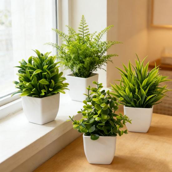 4 шт. Мини-искусственные зеленые растения в горшках, маленькие искусственные растения с горшком для дома, офиса, стола, полки, декора в стиле кантри, ванной комнаты