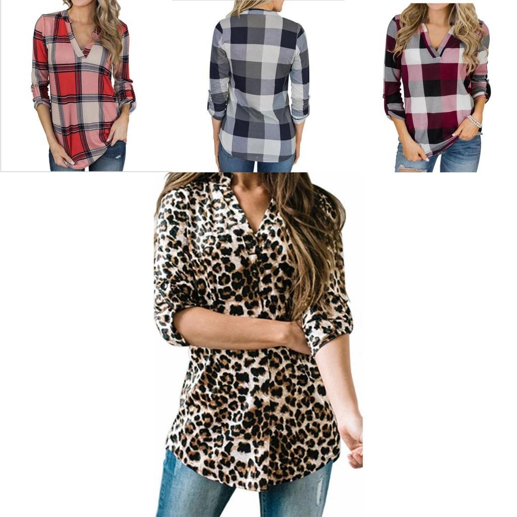 Women Vintage V-neck Loose Tops Long Sleeve Stylish T-shirt With Plaid Casual Design
