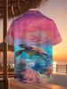 Fashionable Tropical Blue Ocean World Turtle Element Print Men'S Casual Shirt - Short-Sleeve Button Design, Suitable for Outdoor And Casual Wear in