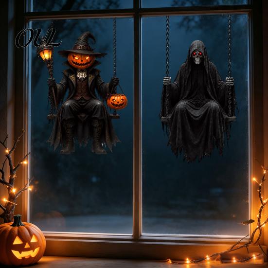 Horror Theme Room Decorations Halloween Pumpkin/Skeleton Reaper Window Stickers, Removable Static Decals, Waterproof PVC Interior And Exterior