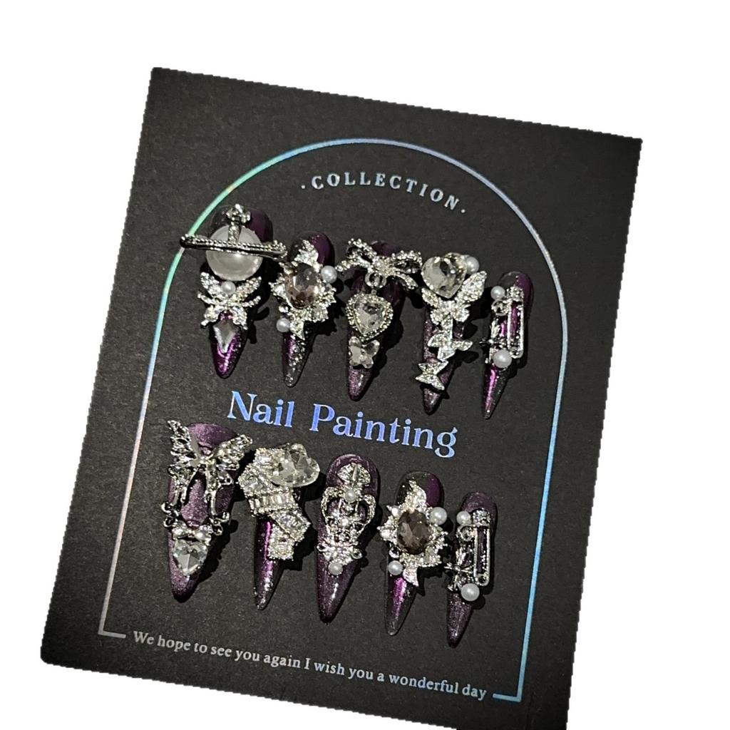 Роскошные накладные ногти ручной работы, длинные, миндалевидной формы, с французским кончиком, блестящие, искусственные ногти, дизайн с 3D стразами, акриловые ногти, многоразовые наклейки для женщин