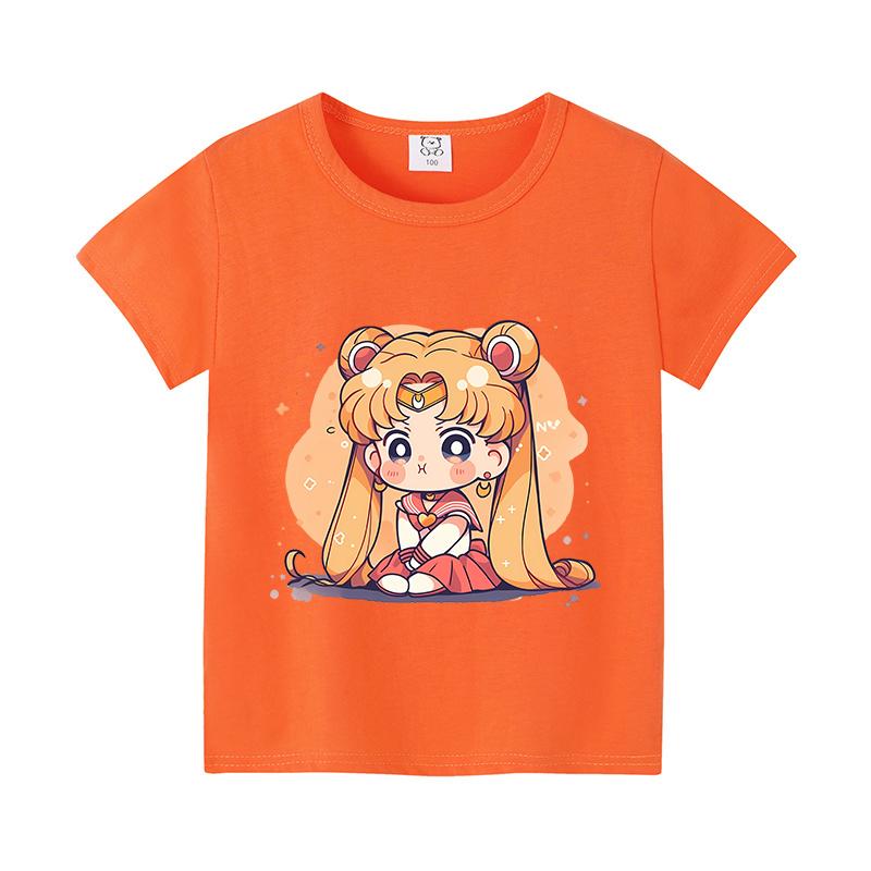 Sailors Moons Cotton T-shirt Sweet Anime Printed Girl Short Sleeve Cartoon Casual Kids Shirts Summer Child Tops