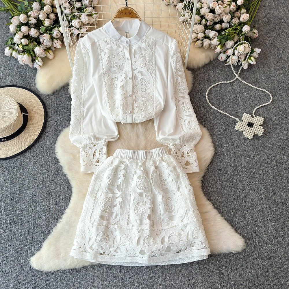 Spring Autumn Women Lace Patchwork Embroidery Designer Runway Outfits Fashion Single Breasted Shirt and Mini Short Skirt Two Piece Set