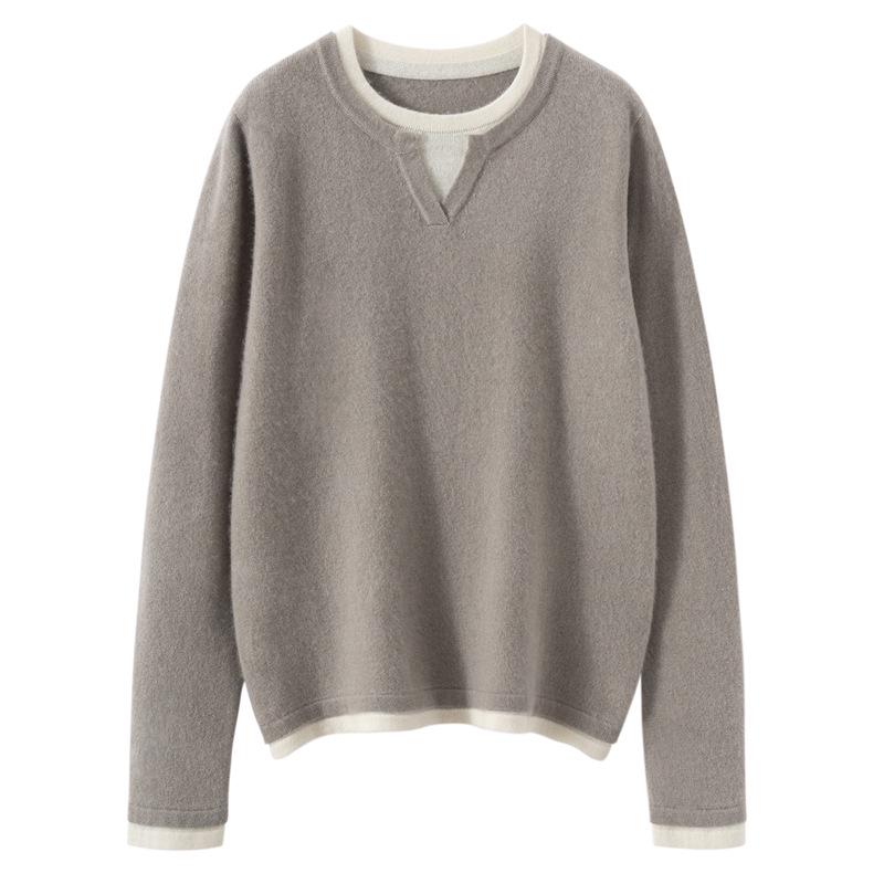 Autumn 2025 Sweet Style Color Block Cashmere Sweater - Loose Fit, Slimming, Short & Warm, Fake Two-Piece Design