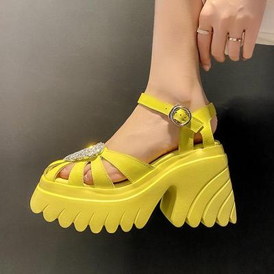 Весенняя обувь из коровьей кожи с круглым носком, на толстом высоком каблуке, повседневные женские сандалии с пряжками и ремешками, украшенные кристаллами в виде сердечек