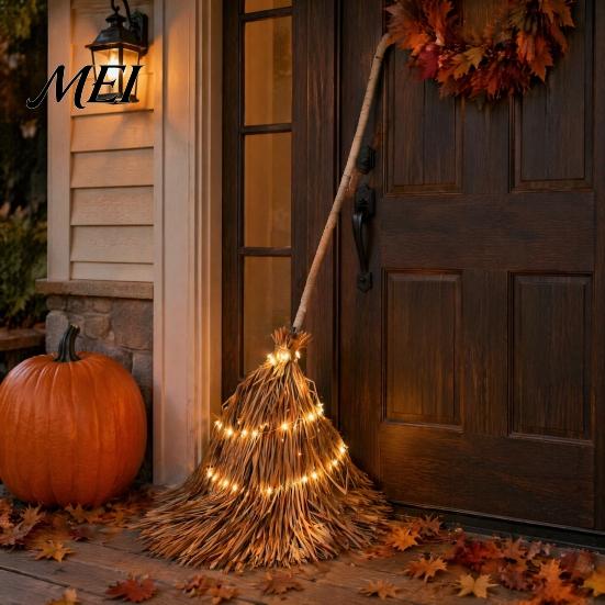 Decorative Broom for Covered Entryway 5.5 Ft Giant Light-up Witch Broom, Vintage Twig with String Light, Creepy Costume Accessory Rustic Farmhouse