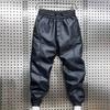 Men Pants Faux Leather Elastic Waist Windproof Waterproof Ankle-banded Patchwork Solid Color Loose Thick
