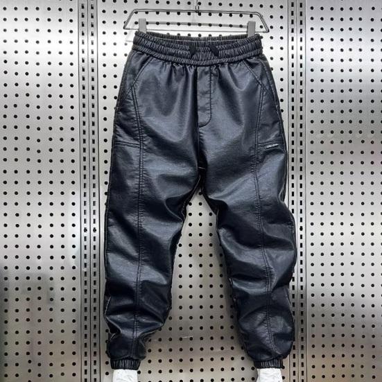 Men Pants Faux Leather Elastic Waist Windproof Waterproof Ankle-banded Patchwork Solid Color Loose Thick