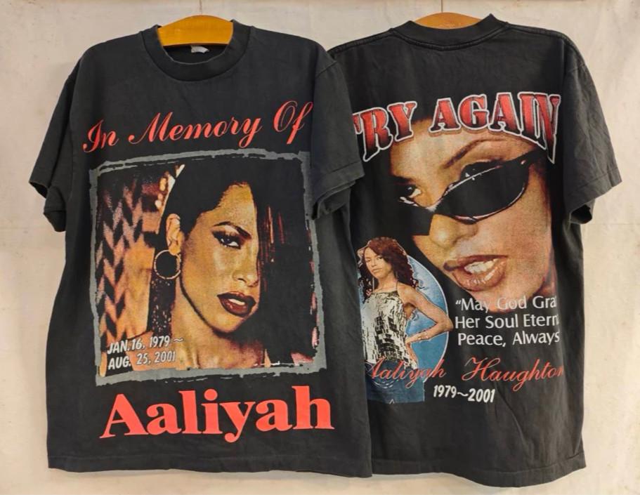 Vintage AALIYAH IN MEMEORY 1979-2001 TRY AGAIN 80s Music Sz.L T-Shirt REPRINT