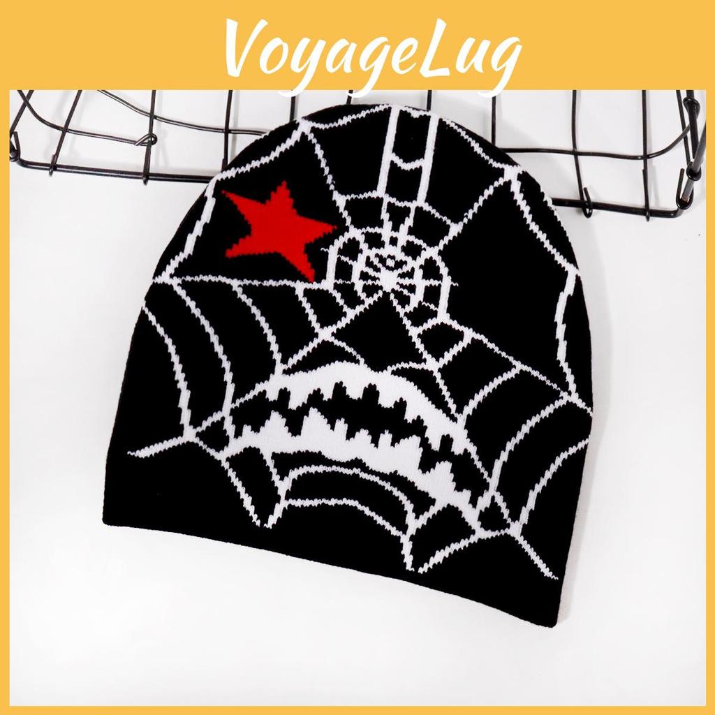 Gothic Style Knit Cap Featuring Spider Web Design For Casual Wear