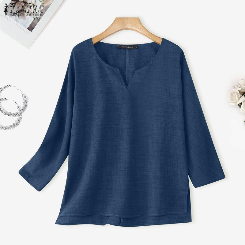 ZANZEA Женская повседневная однотонная блузка с v-образным вырезом и длинным рукавом