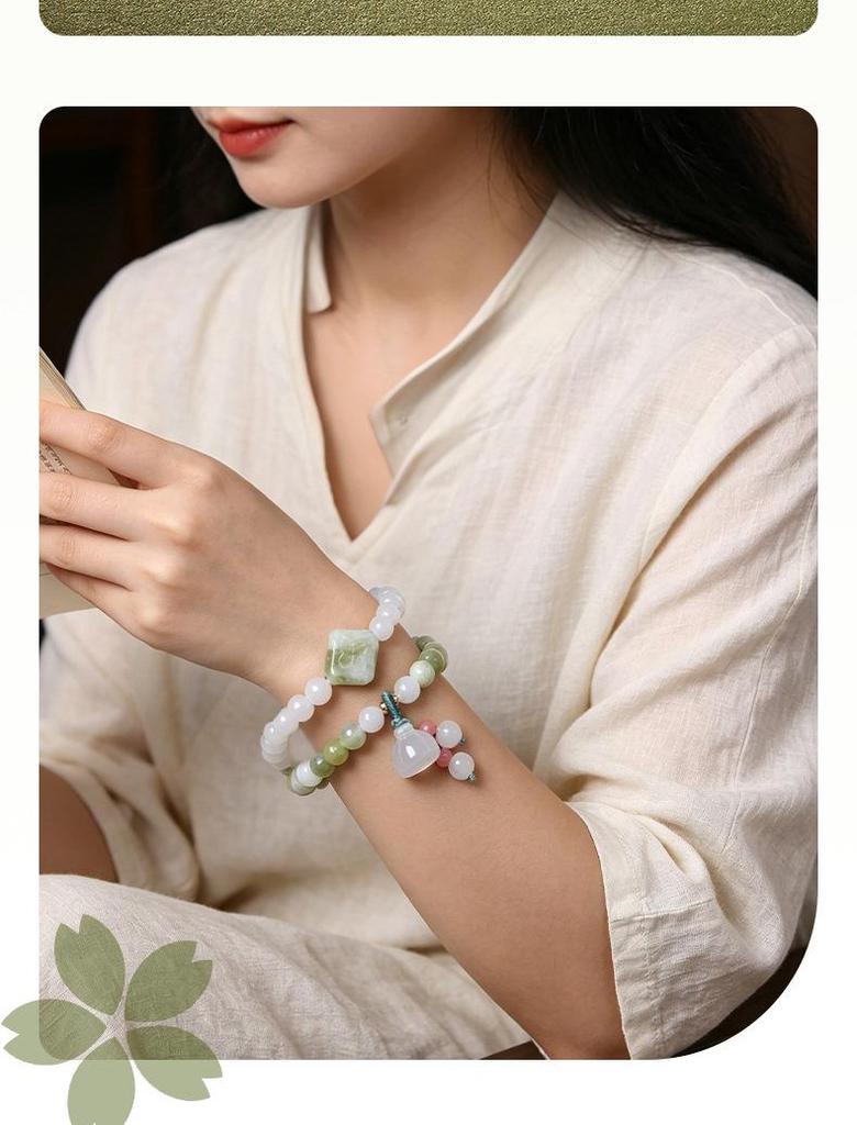 Natural White Jade Green Grape Lotus Pod Double Circle Bracelet - Elegant Chinese Niche Beaded Jewelry