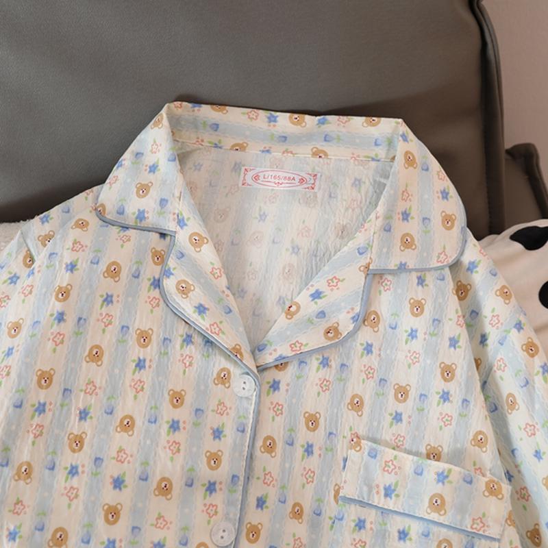 Милый милый пижамный комплект из двух частей с принтом медведя, осенняя повседневная универсальная домашняя одежда, пижамы женские Y2K мягкие женские пижамы