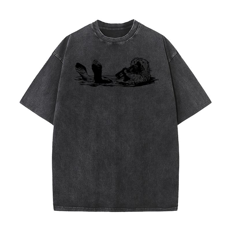 Cute Otter Short Sleeve Tops Tees Round Collar Premium Cotton Men Retro Washed T Shirts Lose Washed TeeShirt Retro