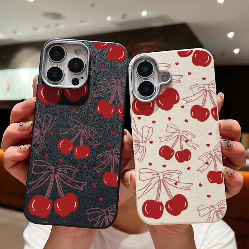 Матовый тонкий чехол для телефона с принтом вишневого банта для iPhone 16 Pro Max 15 Plus 14 Pro 13 12 11 TPU кожаная текстура мягкий противоударный бампер