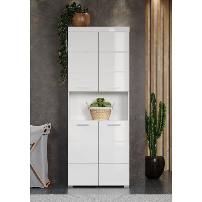 Meuble de salle de bain Colonne double - 4 portes + 1 niche - L73 x P31 x H190 cm - Blanc - AMANDA
