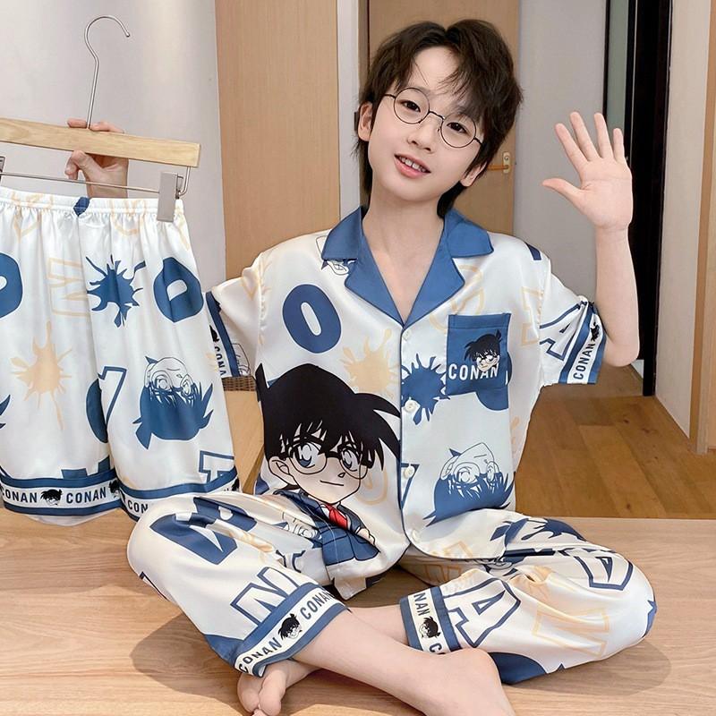 Kids Ice Silk Pajama Set Short Sleeve Cartoon Print Boys Sleepwear Ages 8