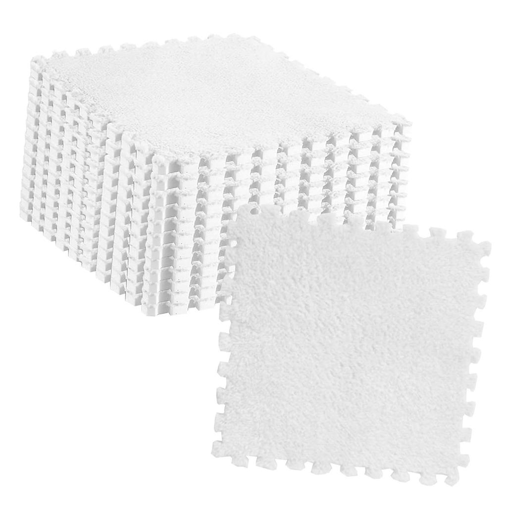 10pcs Plush Puzzle Floor Foam Mat Tiles Fluffy Cuttable Anti Slip Interlocking Carpet Tiles White