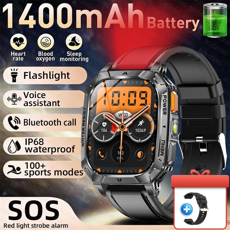 Rugged Outdoor Smart Watch 1400mAh 2.01" HD Screen Bluetooth Call GPS IP68 Waterproof Flashlight SOS Fitness Watch for Men