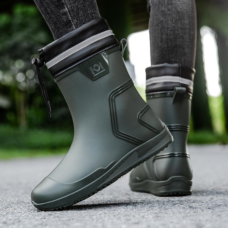 Water Shoes Rain Shoes Men's Medium Tube Waterproof Mouth Elastic Bundle Rubber Shoes Rider Velvet Warm Rain Boots