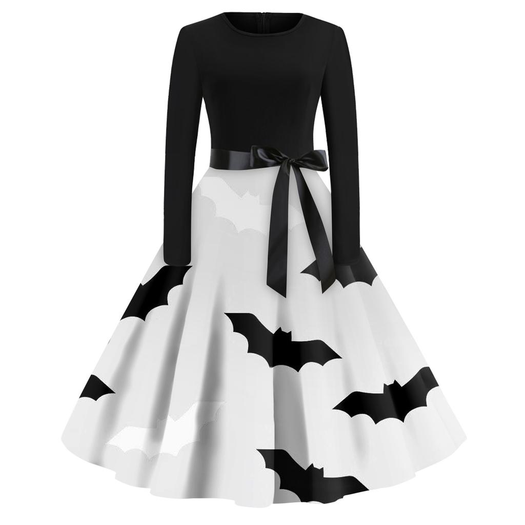 Women's Halloween Print Flare Dress For Women Long Sleeve Dress Party Casual Dresses