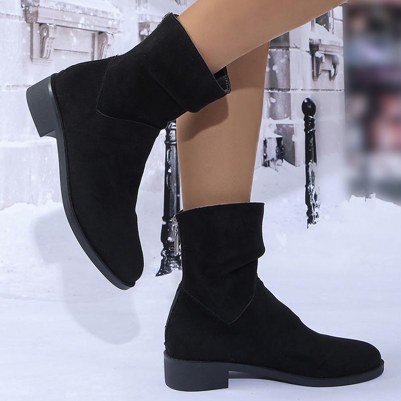 Fashion Autumn Womens Solid Pleated Ankle Boots Fashion Faux Suede Square Heel Boots Ladies Round Toe Back Zipper Office Shoes Boats