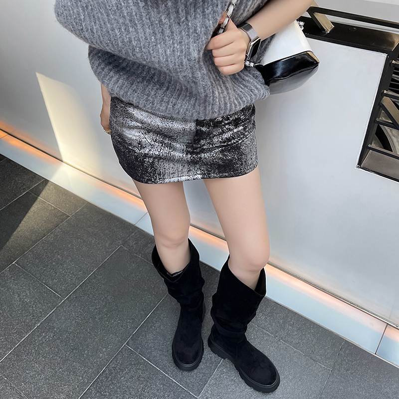 Krazing Pot Осенне-зимняя обувь из флока, эластичные сапоги на среднем каблуке, плиссированные украшения, женские теплые сапоги до бедра