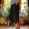 Women Cropped Pants Elastic Waist Wide Leg Beach Pants with Pockets Solid Color Casual Loose Fit Pants
