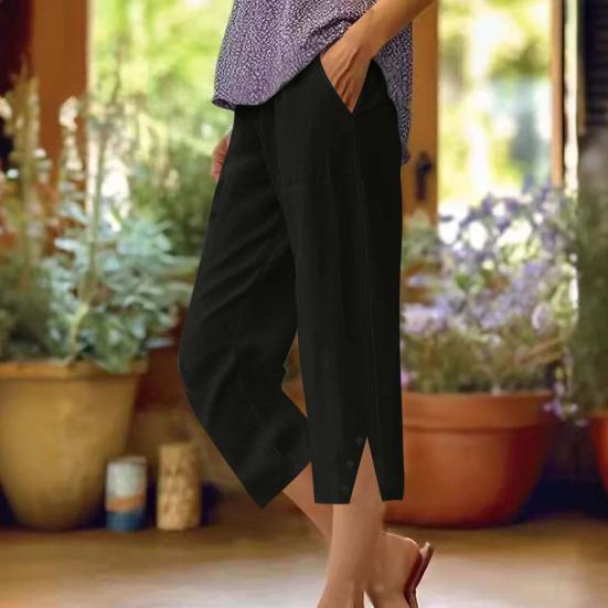 Women Cropped Pants Elastic Waist Wide Leg Beach Pants with Pockets Solid Color Casual Loose Fit Pants