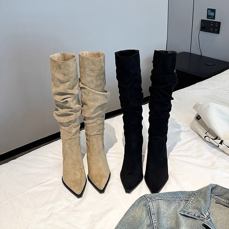 2025 осень и зима новая замшевая обувь с острым носком тонкий ковбойский стиль высокий каблук длинные рыцарские сапоги женские сапоги