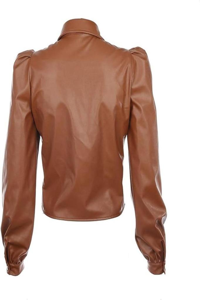 Lambskin Handmade Genuine Stylish Casual Party Women's Shirt Brown Leather