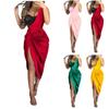 Women's Solid Color Sexy Sequin Slit Maxi Smocked One Shoulder Evening Dress