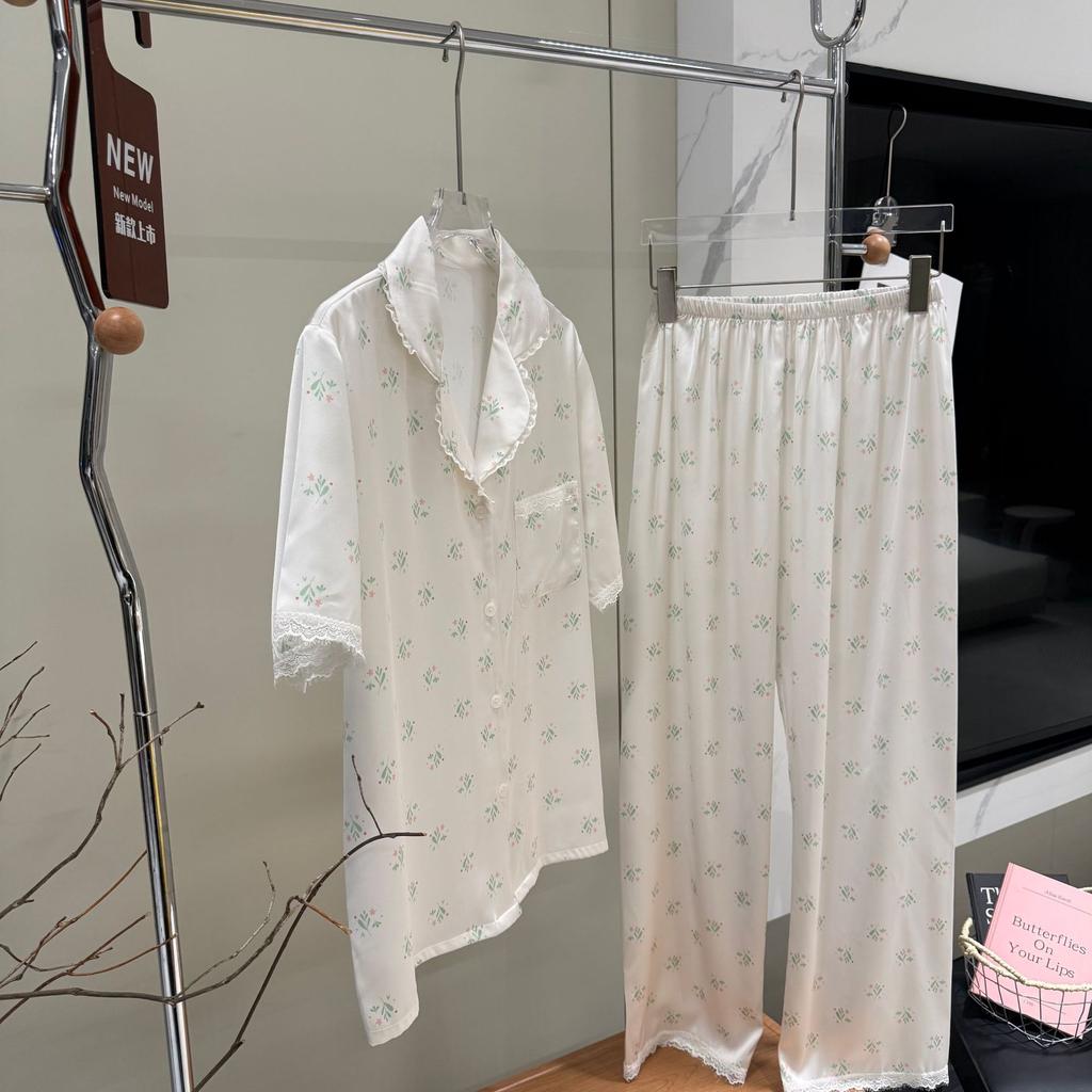 New ice silk short-sleeved pajamas women's summer floral lapel short-sleeved trousers set loungewear cardigan thin cute