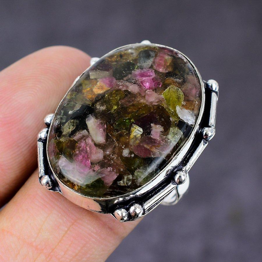 Подарочное кольцо из стерлингового серебра 925 пробы с натуральным арбузным турмалином, размер 9 V7J79