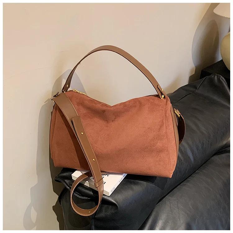 Style Fashion Zipper Solid Faux Suede Top-Handle Bag High Quality Large Capacity Simple Shoulder Bag