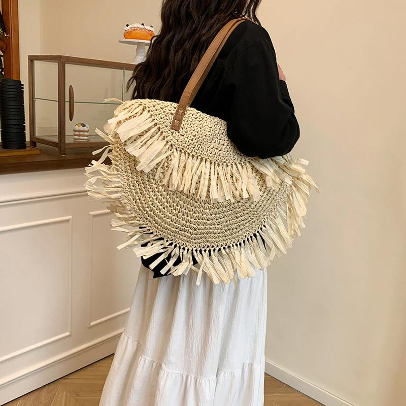 Женская стильная вязаная сумка через плечо с кисточкой, ажурная плетеная сумка, износостойкая пляжная сумка ручной работы, сумки-шопперы
